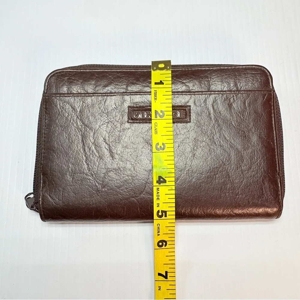 Vintage Brown Leather Zip-Around Checkbook Wallet Organizer